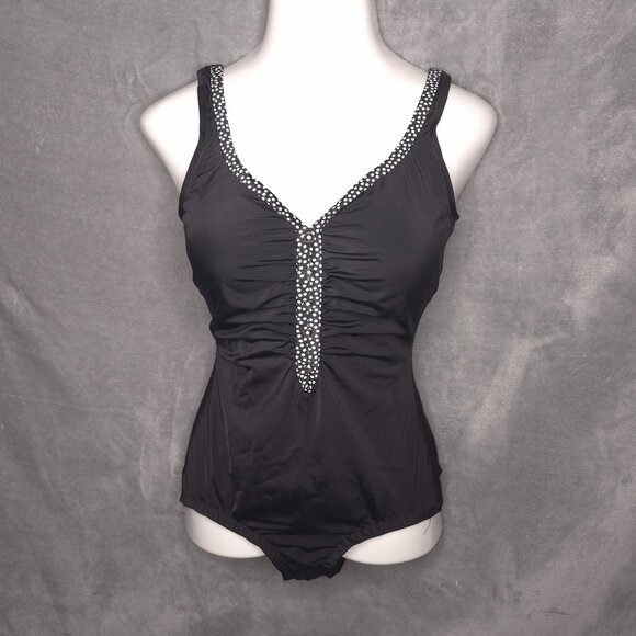 Maxine Black One-Piece Swimsuit 14 Polka Dot Trim Ruched Front Silver Buttons - Picture 1 of 6